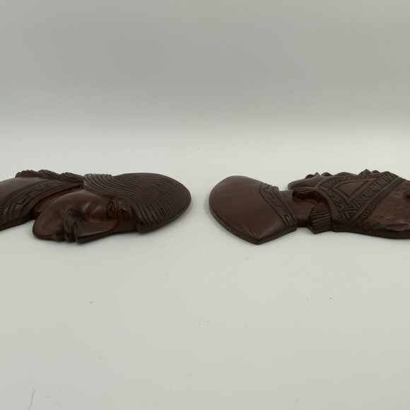 2 Vintage Carved Wood Native American Heads Male & Female Wall Hanging Art MCM - Picture 2 of 10